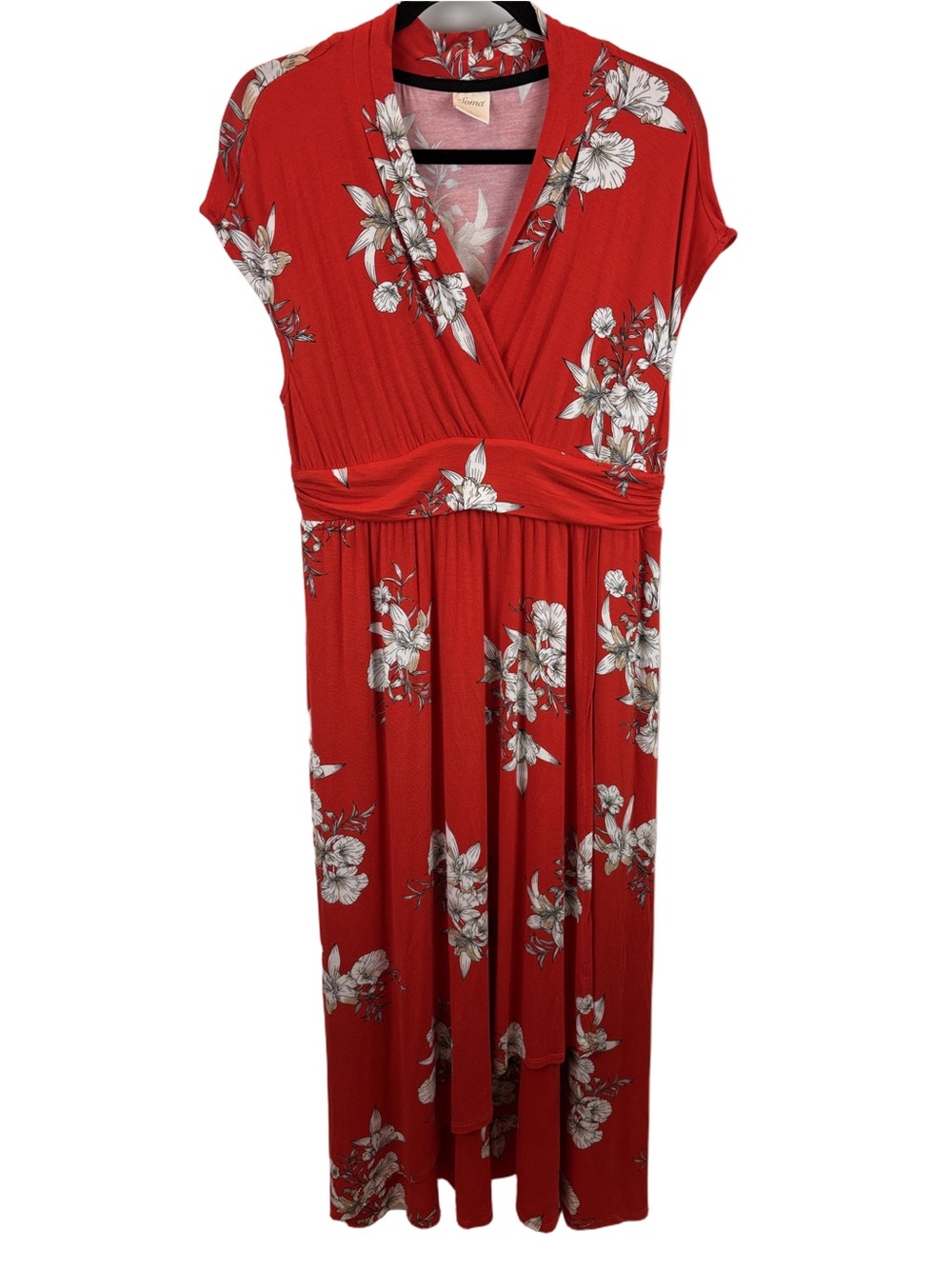 Soma Red Floral Maxi Dress sz L Short Sleeve Stretch White Orchids V-Neck Flowy